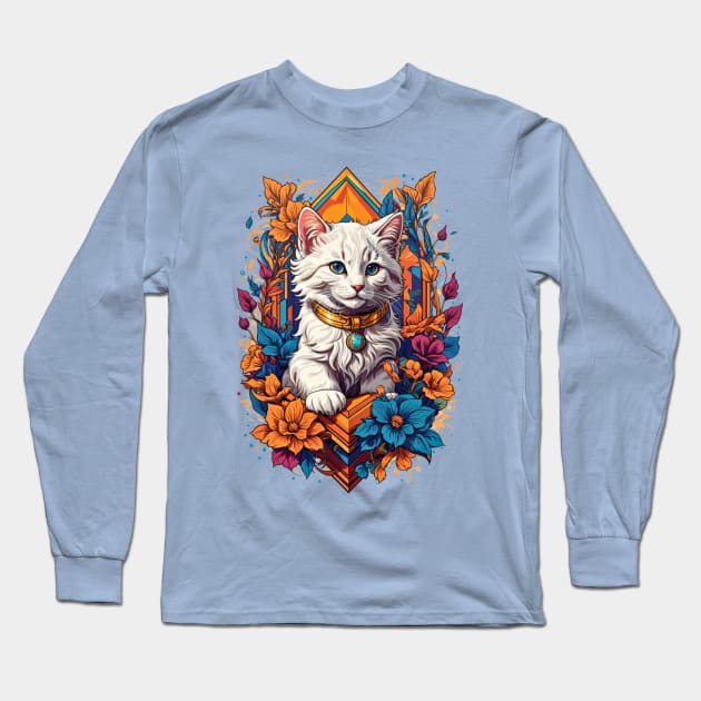 White Kitten art deco retro vintage fusion design Long Sleeve T-Shirt by Neon City Bazaar